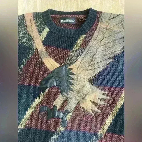 Vintage 90s Patchwork Knit Dad Sweater Bald Eagle w/ Leather Accents Medium - Picture 2 of 7